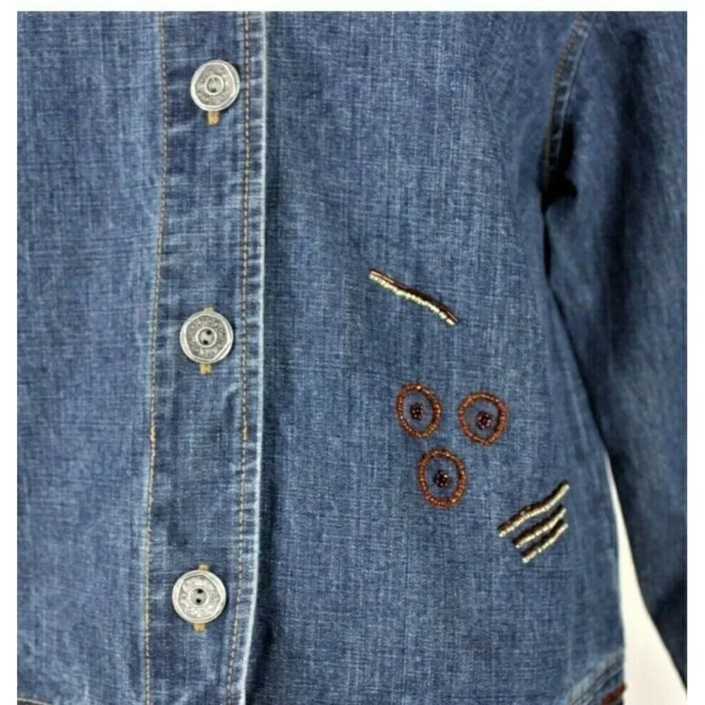 Chico's Denim Jacket Beaded Applique Embroidered Embellished Blue Women's Size 4 - Picture 6 of 11